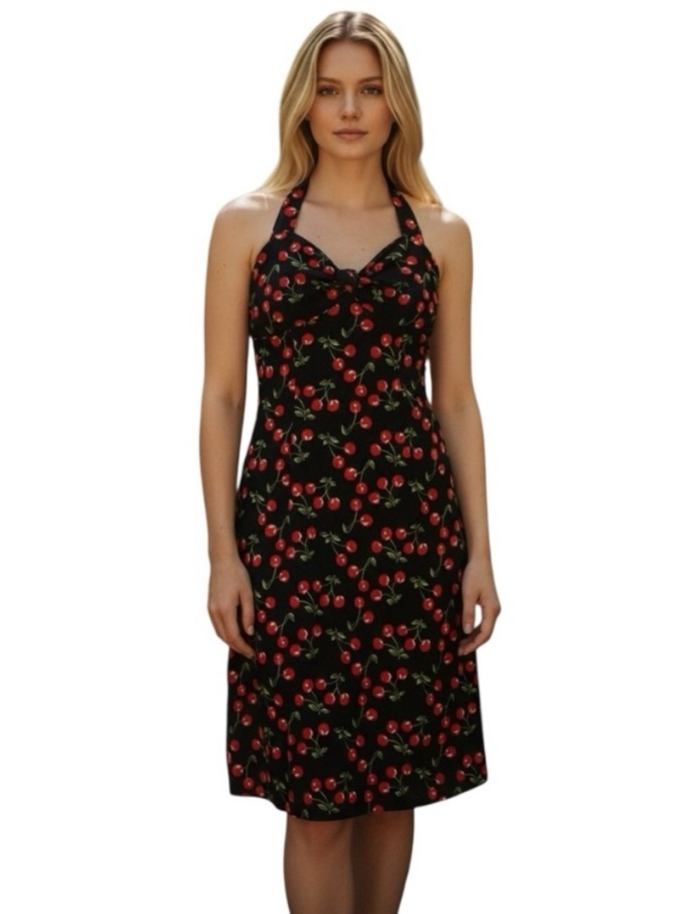 VINTAGE Cherry Morbid Threads Cotton Rockabilly Pin Up Halter Dress XS